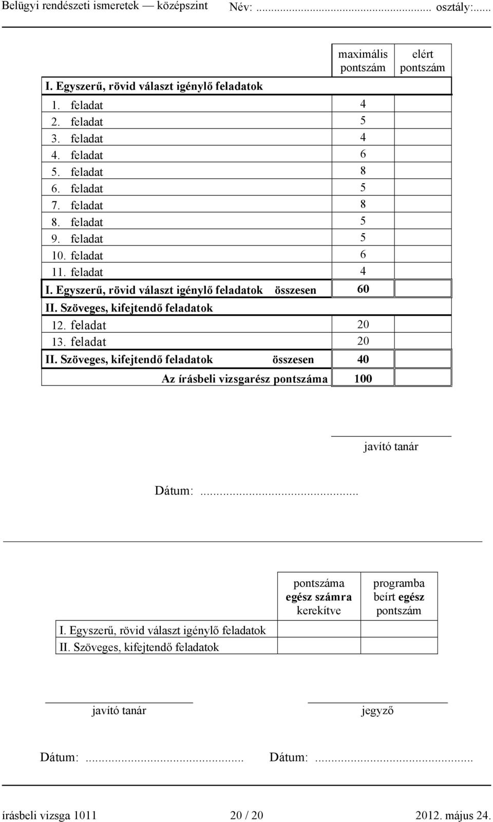 Szöveges, kifejtendő feladatok összesen 40 elért pontszám Az írásbeli vizsgarész pontszáma 100 javító tanár Dátum:.