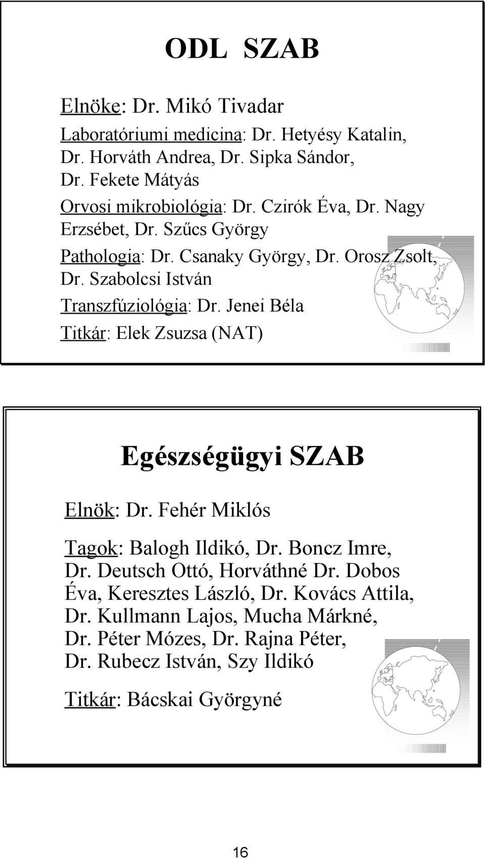 Szabolcsi István Transzfúziológia: Dr. Jenei Béla Titkár: Elek Zsuzsa (NAT) Egészségügyi SZAB Elnök: Dr. Fehér Miklós Tagok: Balogh Ildikó, Dr.