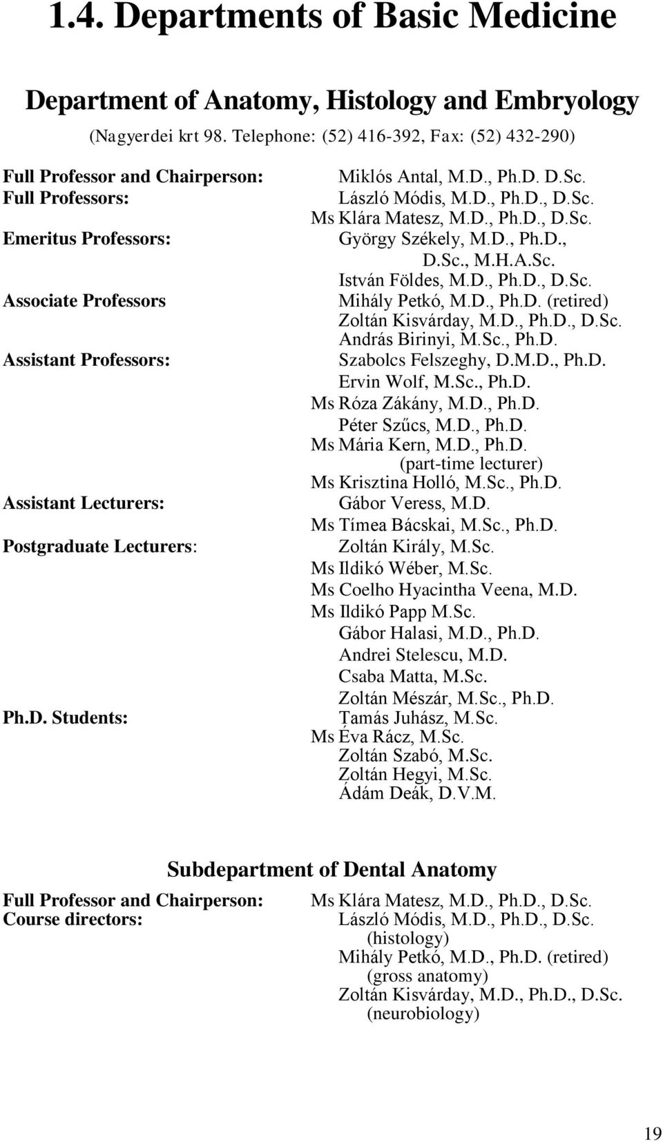 Lecturers: Ph.D. Students: Miklós Antal, M.D., Ph.D. D.Sc. László Módis, M.D., Ph.D., D.Sc. Ms Klára Matesz, M.D., Ph.D., D.Sc. György Székely, M.D., Ph.D., D.Sc., M.H.A.Sc. István Földes, M.D., Ph.D., D.Sc. Mihály Petkó, M.