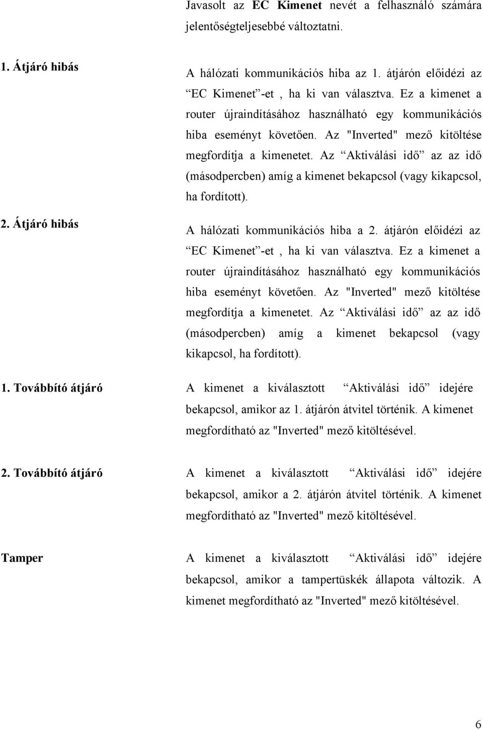 Az "Inverted" mező kitöltése megfordítja a kimenetet. Az Aktiválási idő az az idő (másodpercben) amíg a kimenet bekapcsol (vagy kikapcsol, ha fordított). A hálózati kommunikációs hiba a 2.