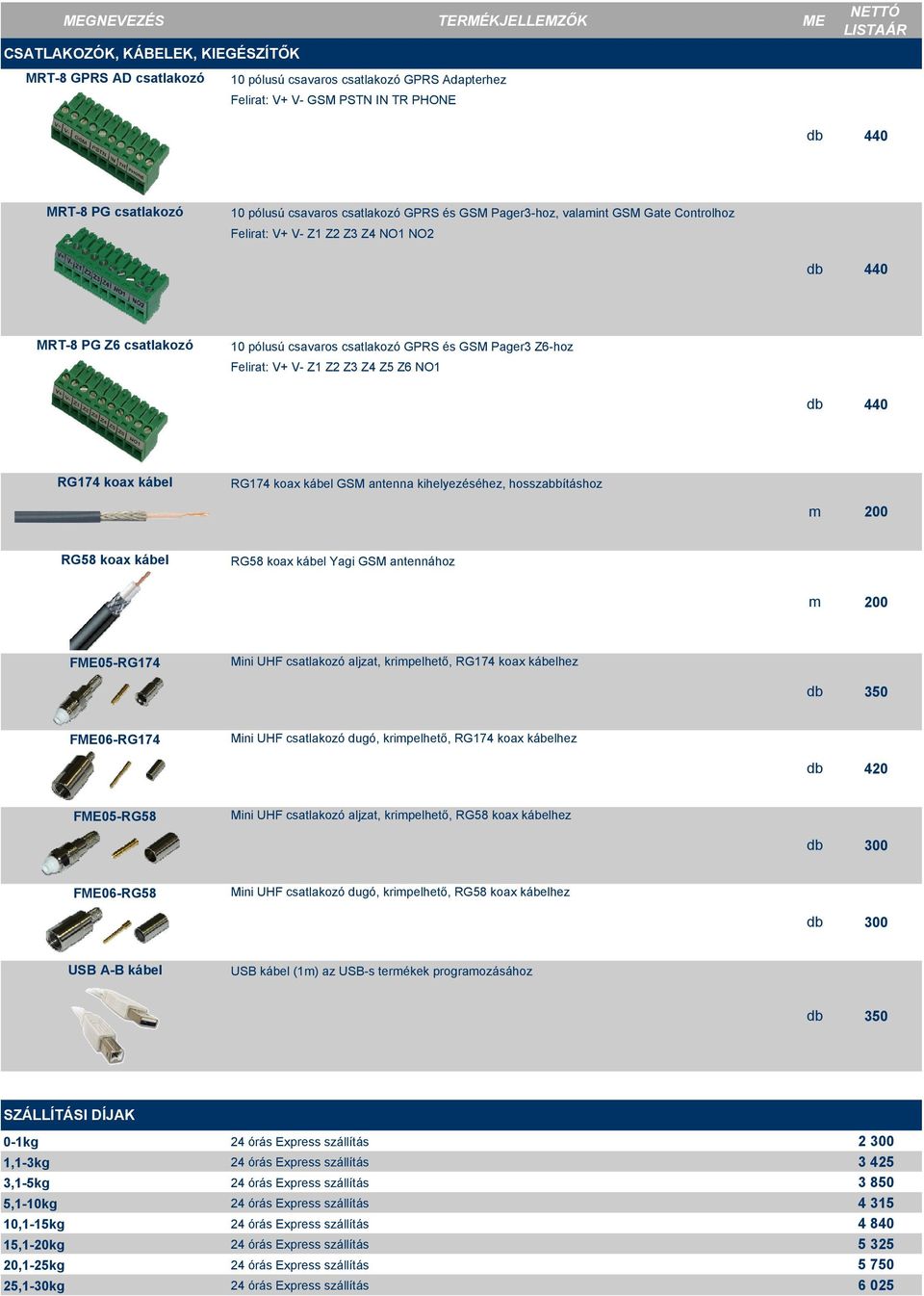 NO1 440 RG174 koax kábel RG174 koax kábel GSM antenna kihelyezéséhez, hosszabbításhoz m 200 RG58 koax kábel RG58 koax kábel Yagi GSM antennához m 200 FME05-RG174 Mini UHF csatlakozó aljzat,