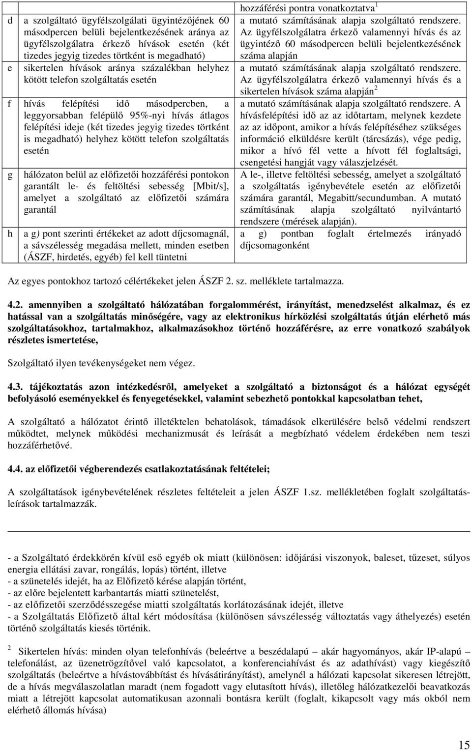 jegyig tizedes törtként is megadható) helyhez kötött telefon szolgáltatás esetén g h hálózaton belül az előfizetői hozzáférési pontokon garantált le- és feltöltési sebesség [Mbit/s], amelyet a