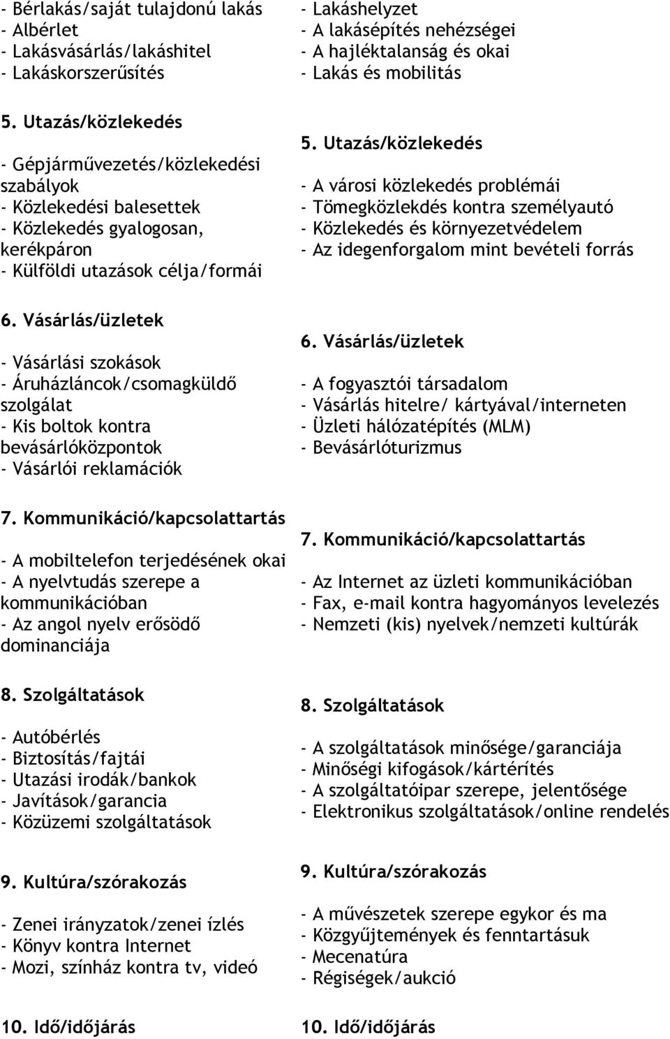 Vásárlás/üzletek - Vásárlási szokások - Áruházláncok/csomagküldő szolgálat - Kis boltok kontra bevásárlóközpontok - Vásárlói reklamációk 7.