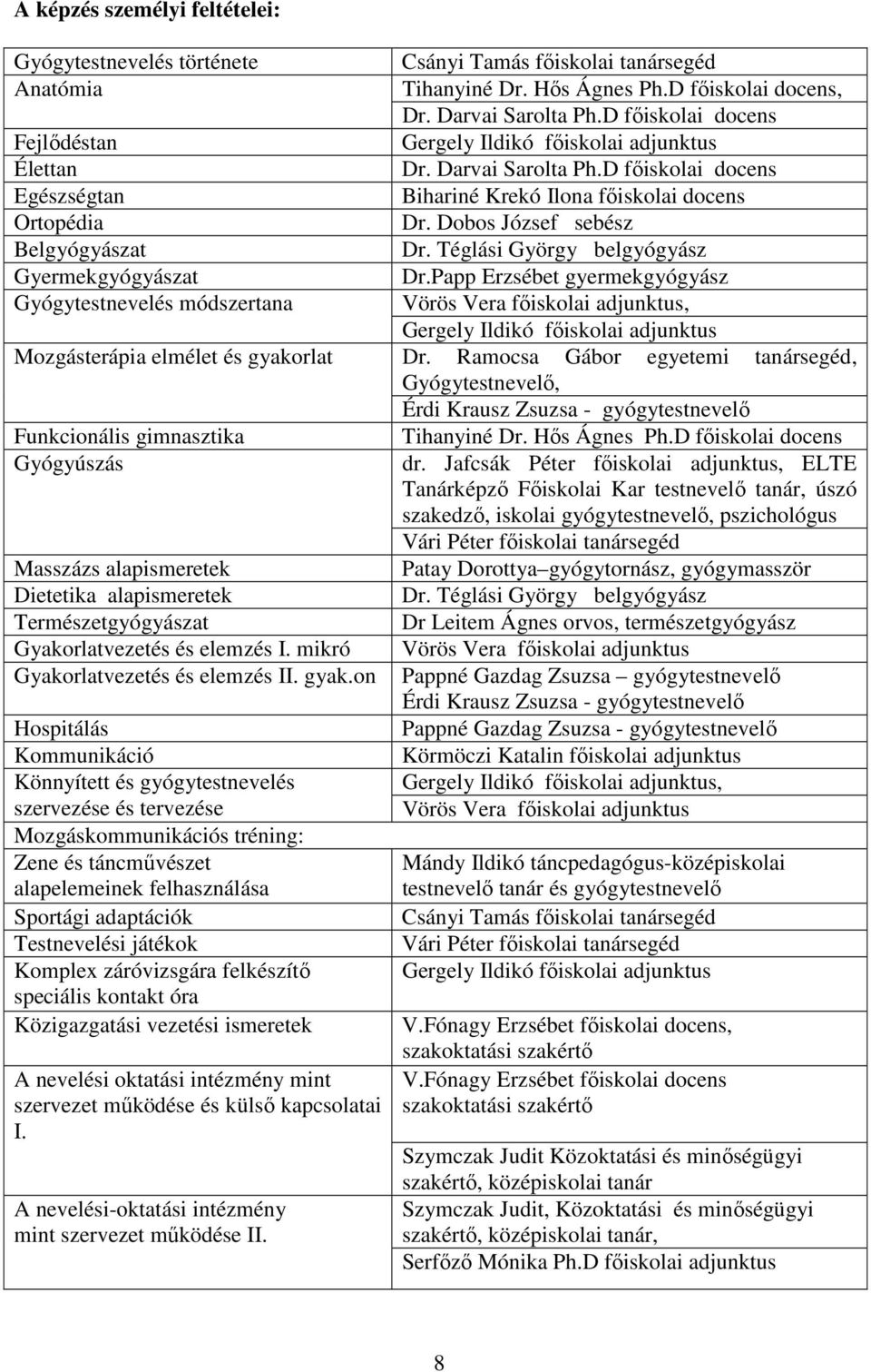 on Hospitálás Kommunikáció Könnyített és gyógytestnevelés szervezése és tervezése Mozgáskommunikációs tréning: Zene és táncmővészet alapelemeinek felhasználása Sportági adaptációk Testnevelési