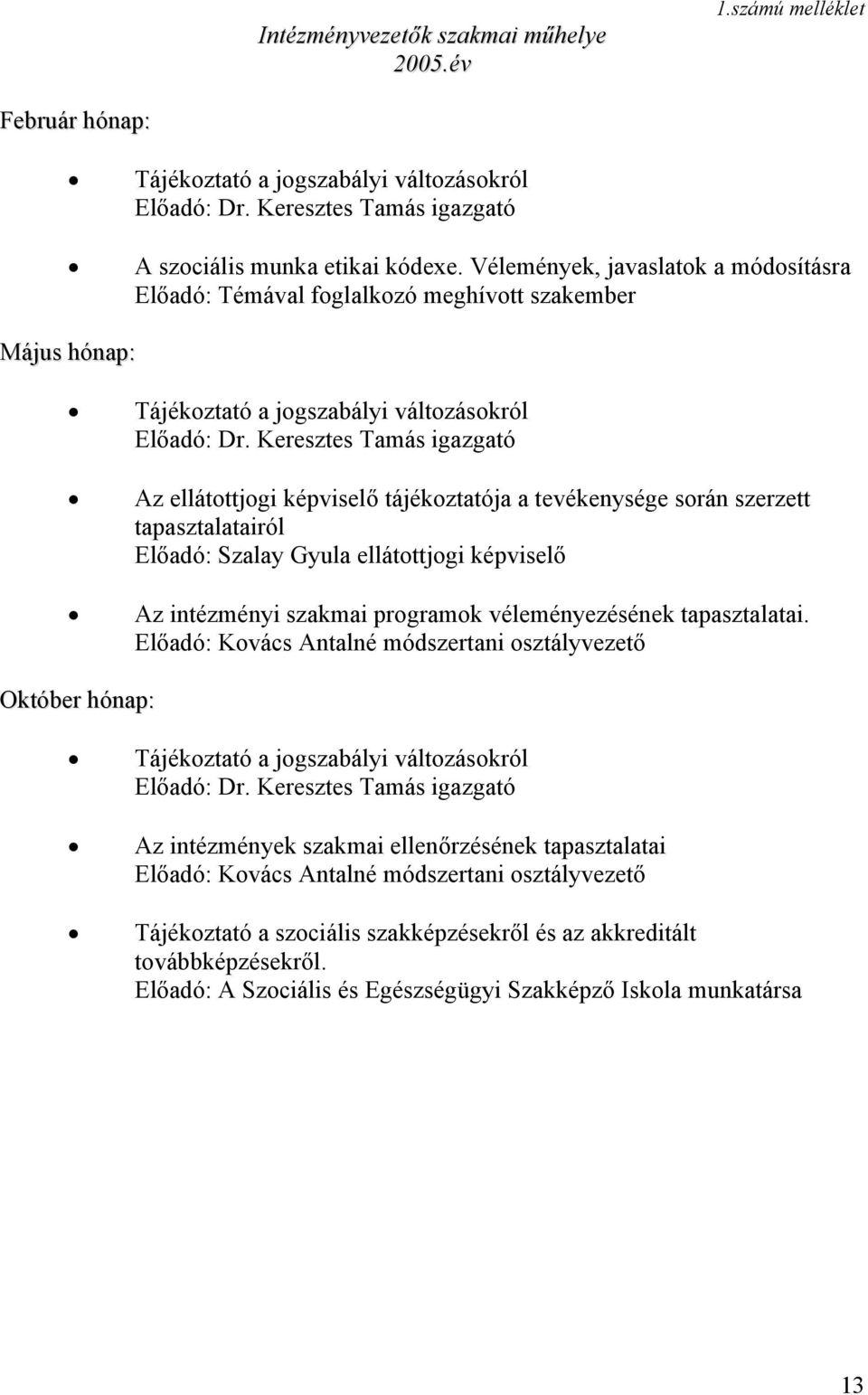 Keresztes Tamás igazgató Az ellátottjogi képviselő tájékoztatója a tevékenysége során szerzett tapasztalatairól Előadó: Szalay Gyula ellátottjogi képviselő Az intézményi szakmai programok