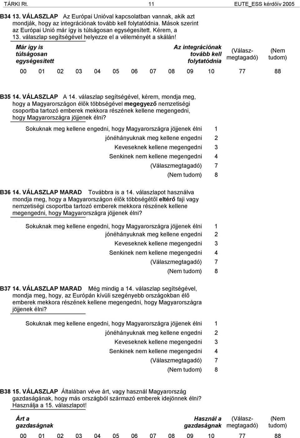 Már így is túlságosan egységesített Az integrációnak tovább kell folytatódnia 00 01 02 03 04 05 06 07 08 09 10 77 88 B35 14. VÁLASZLAP A 14.