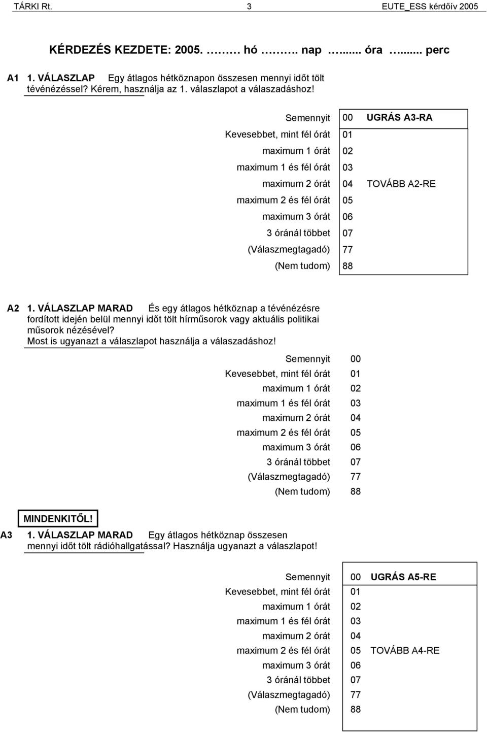 Semennyit Kevesebbet, mint fél órát maximum 1 órát maximum 1 és fél órát maximum 2 órát maximum 2 és fél órát maximum 3 órát 3 óránál többet (Válaszmegtagadó) 00 UGRÁS A3-RA 01 02 03 04 TOVÁBB A2-RE