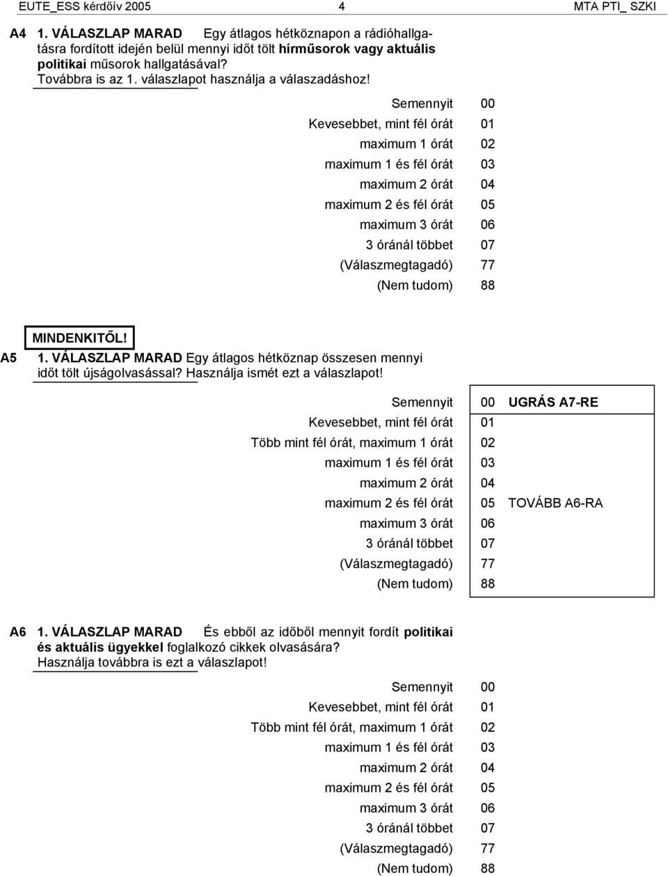 Semennyit 00 Kevesebbet, mint fél órát 01 maximum 1 órát 02 maximum 1 és fél órát 03 maximum 2 órát 04 maximum 2 és fél órát 05 maximum 3 órát 06 3 óránál többet 07 7 8 A5 MINDENKITŐL! 1. VÁLASZLAP MARAD Egy átlagos hétköznap összesen mennyi időt tölt újságolvasással?