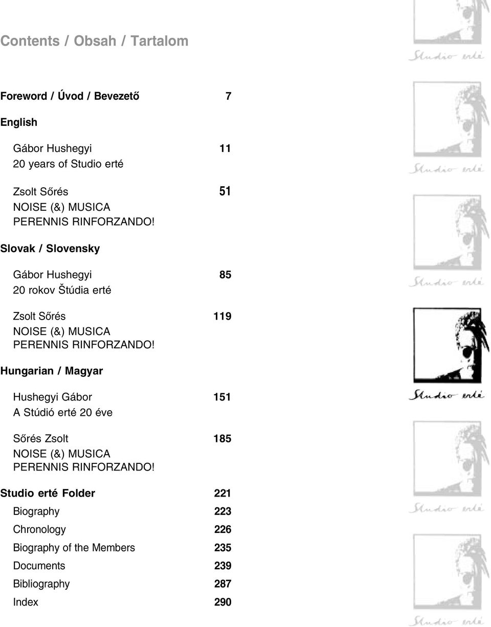 Slovak / Slovensky Gábor Hushegyi 85 20 rokov Štúdia erté Zsolt Sőrés 119 NOISE  Hungarian / Magyar Hushegyi Gábor 151 A Stúdió