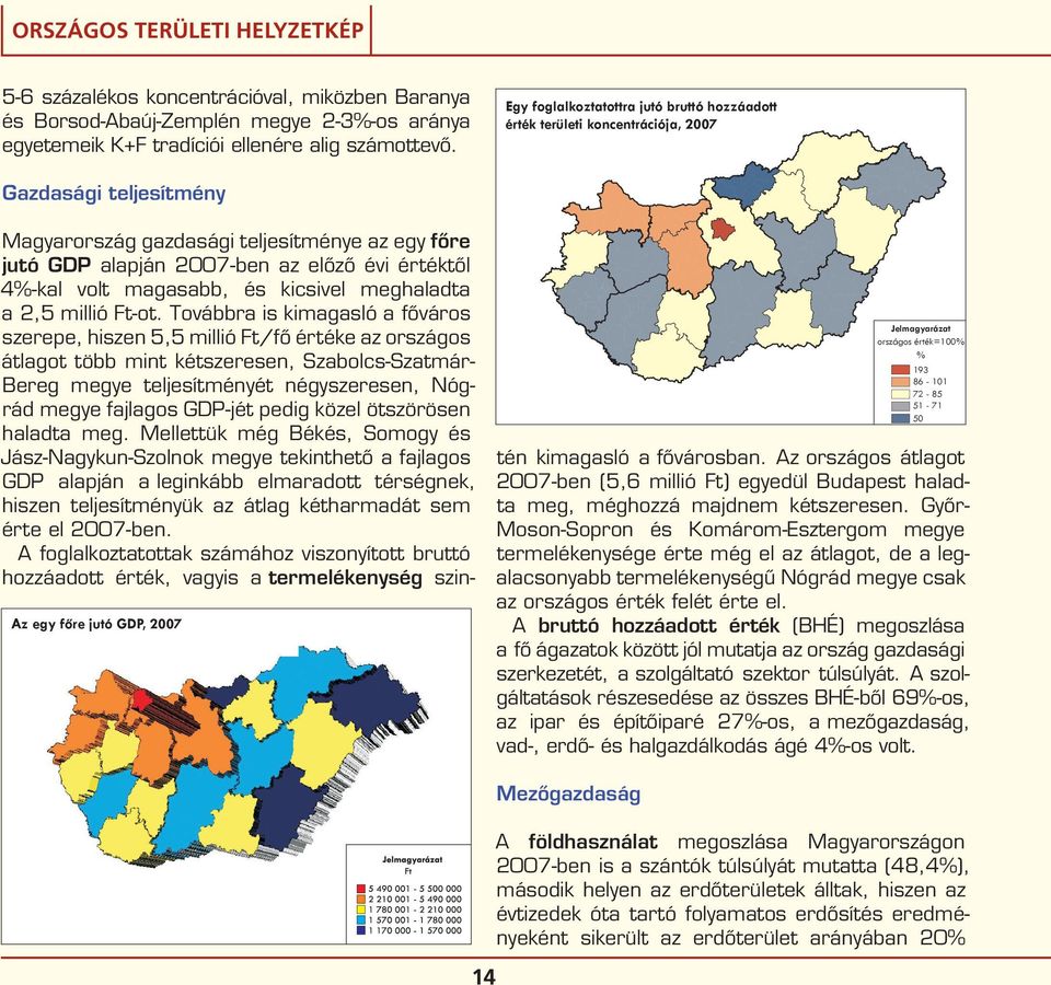 jutó GDP, 2007 Jelmagyarázat országos érték=100% % 193 86-101 72-85 51-71 50 Magyarország gazdasági teljesítménye az egy főre jutó GDP alapján 2007-ben az előző évi értéktől 4%-kal volt magasabb, és