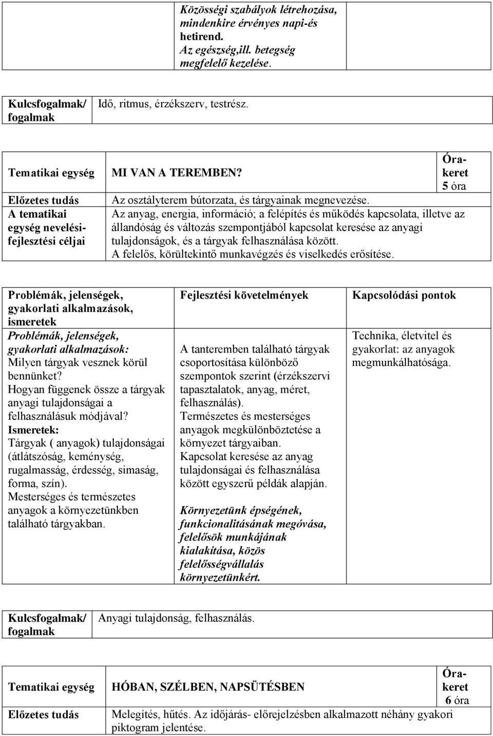 Az anyag, energia, információ; a felépítés és működés kapcsolata, illetve az állandóság és változás szempontjából kapcsolat keresése az anyagi tulajdonságok, és a tárgyak felhasználása között.