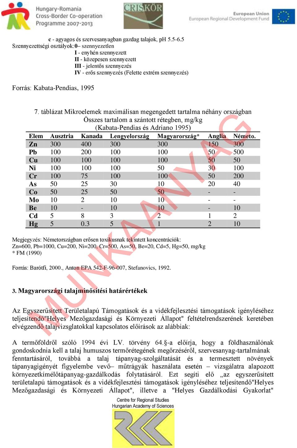 táblázat Mikroelemek maximálisan megengedett tartalma néhány országban Összes tartalom a szántott rétegben, mg/kg (Kabata-Pendias és Adriano 99) Elem Ausztria Kanada Lengyelország Magyarország*