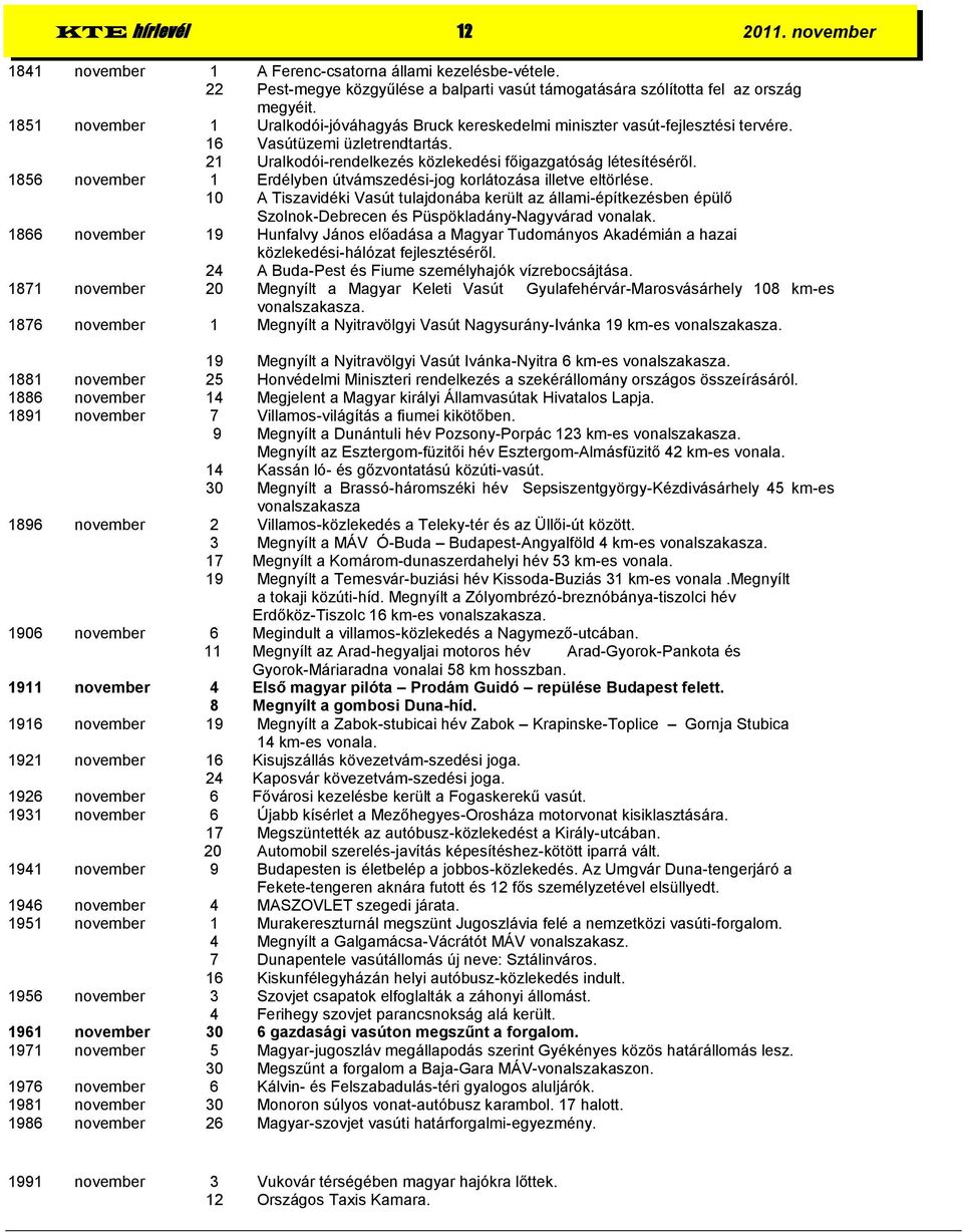 1856 november 1 Erdélyben útvámszedési-jog korlátozása illetve eltörlése. 10 A Tiszavidéki Vasút tulajdonába került az állami-építkezésben épülő Szolnok-Debrecen és Püspökladány-Nagyvárad vonalak.