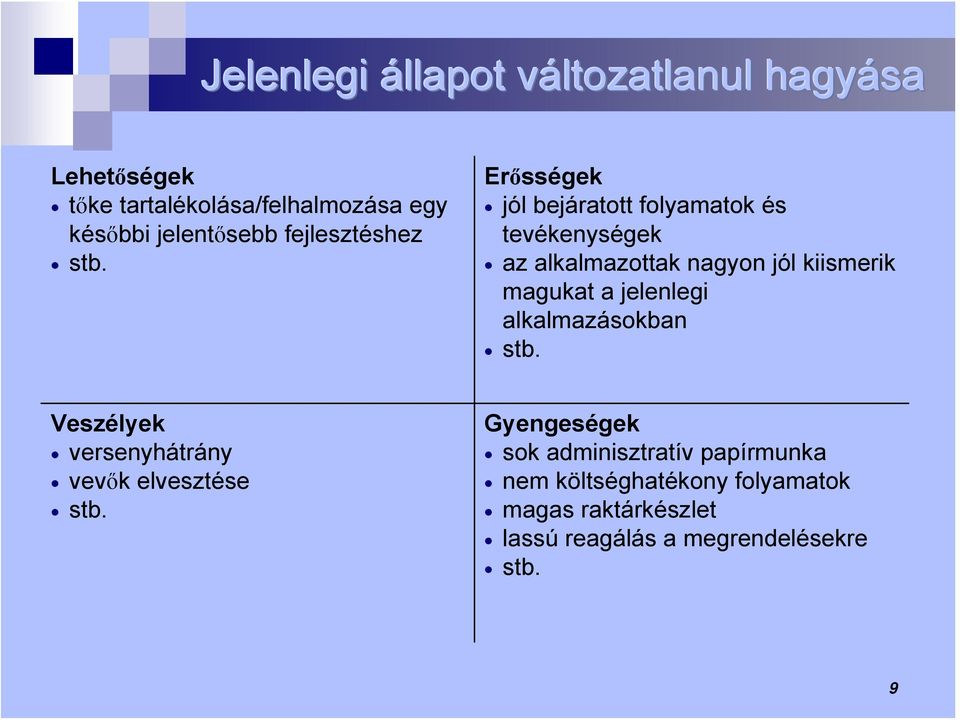 Erősségek jól bejáratott folyamatok és tevékenységek az alkalmazottak nagyon jól kiismerik magukat a