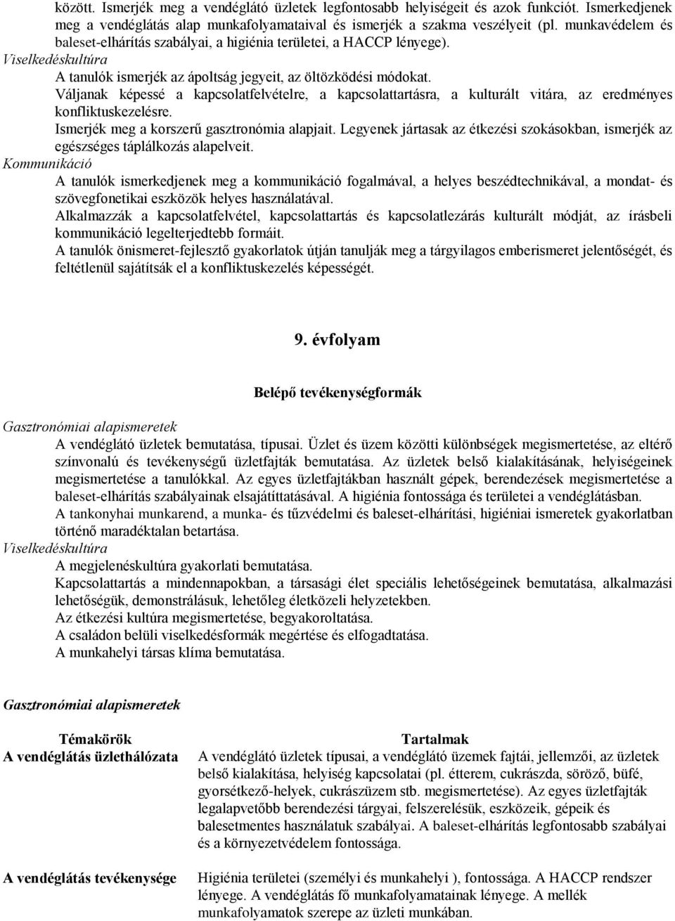 Váljanak képessé a kapcsolatfelvételre, a kapcsolattartásra, a kulturált vitára, az eredményes konfliktuskezelésre. Ismerjék meg a korszerű gasztronómia alapjait.