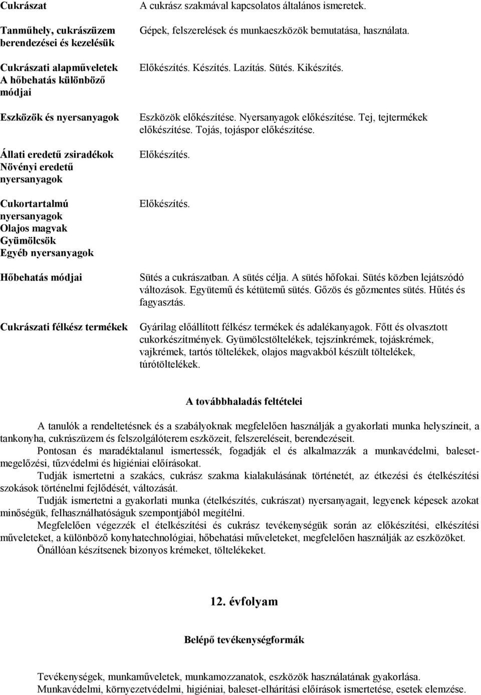 Gépek, felszerelések és munkaeszközök bemutatása, használata. Előkészítés. Készítés. Lazítás. Sütés. Kikészítés. Eszközök előkészítése. Nyersanyagok előkészítése. Tej, tejtermékek előkészítése.