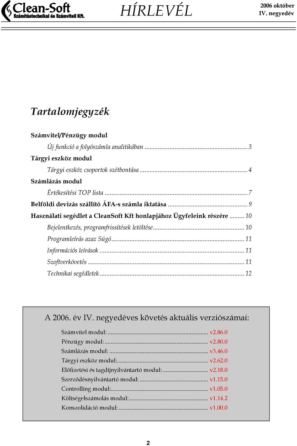 .. 10 Programleírás azaz Súgó... 11 Információs leírások... 11 Szoftverkövetés... 11 Technikai segédletek... 12 A 2006. év es követés aktuális verziószámai: Számvitel modul:... v2.86.0 Pénzügy modul:.