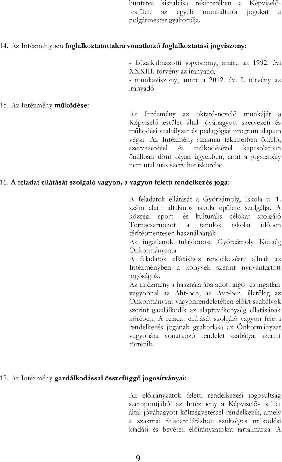 törvény az irányadó 15. Az Intézmény működése: Az Intézmény az oktató-nevelő munkáját a Képviselő-testület által jóváhagyott szervezeti és működési szabályzat és pedagógiai program alapján végzi.