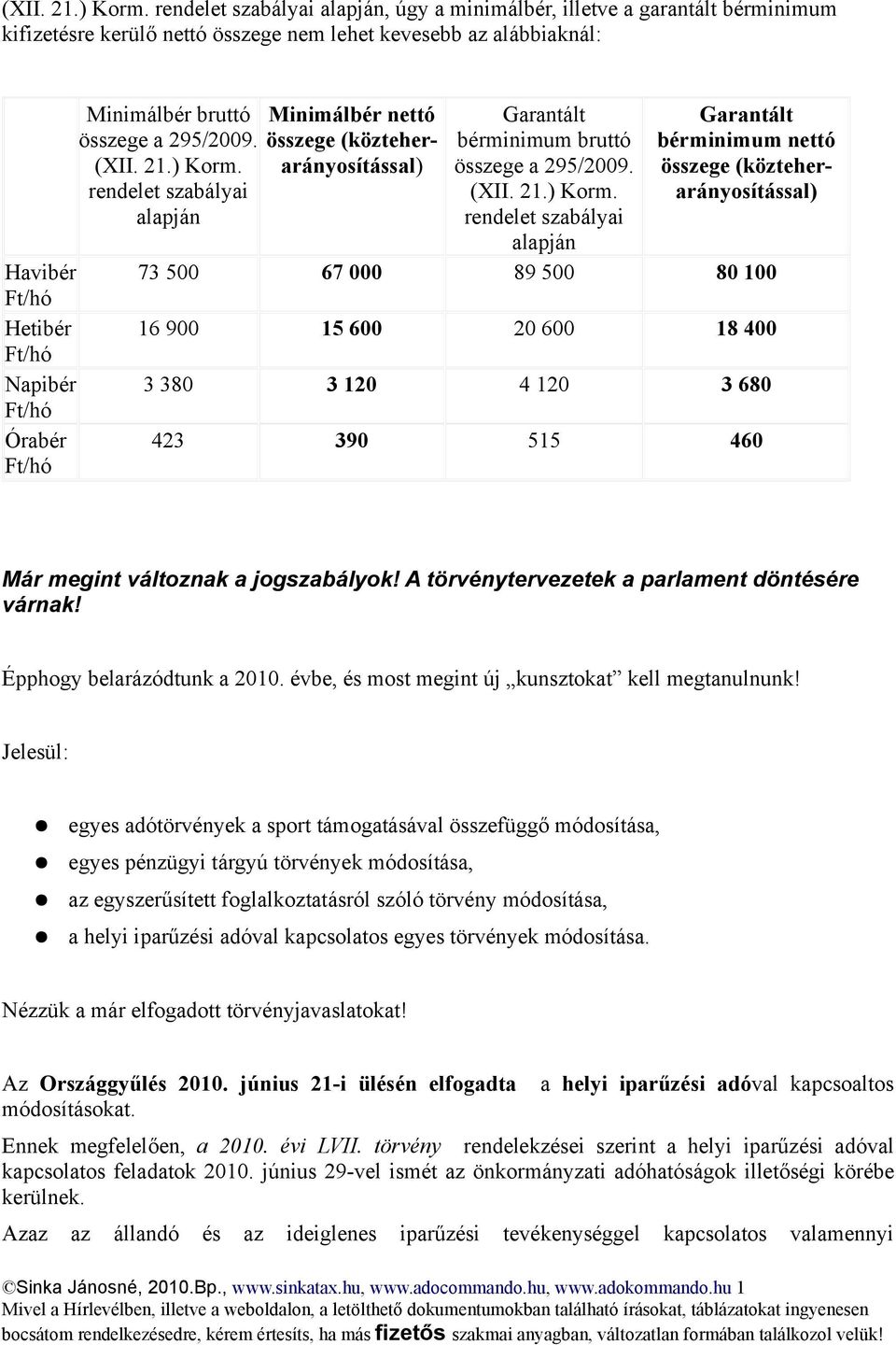 összege a 295/2009.  rendelet szabályai alapján Minimálbér nettó összege (közteherarányosítással) Garantált bérminimum bruttó összege a 295/2009.