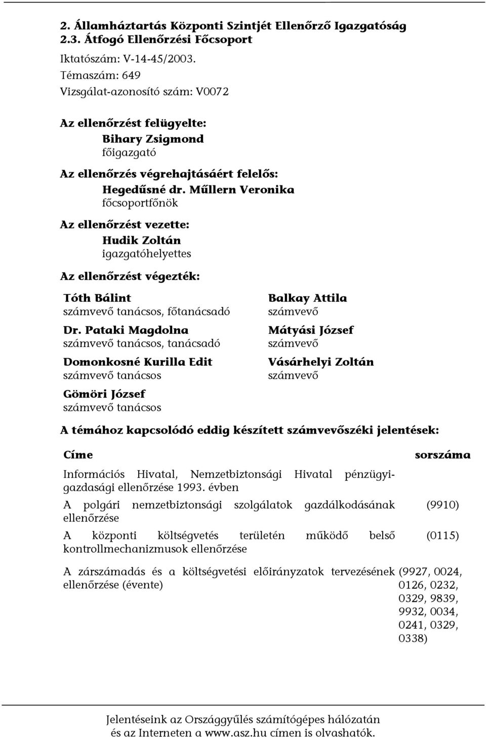 Műllern Veronika főcsoportfőnök Az ellenőrzést vezette: Hudik Zoltán igazgatóhelyettes Az ellenőrzést végezték: Tóth Bálint számvevő tanácsos, főtanácsadó Dr.