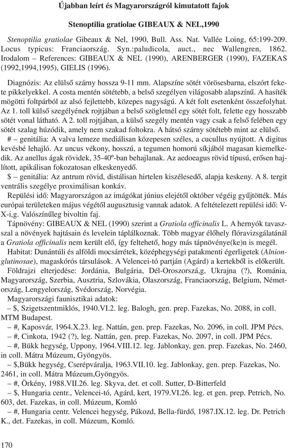 Diagnózis: Az elülsõ szárny hossza 9-11 mm. Alapszíne sötét vörösesbarna, elszórt fekete pikkelyekkel. A costa mentén sötétebb, a belsõ szegélyen világosabb alapszínû.