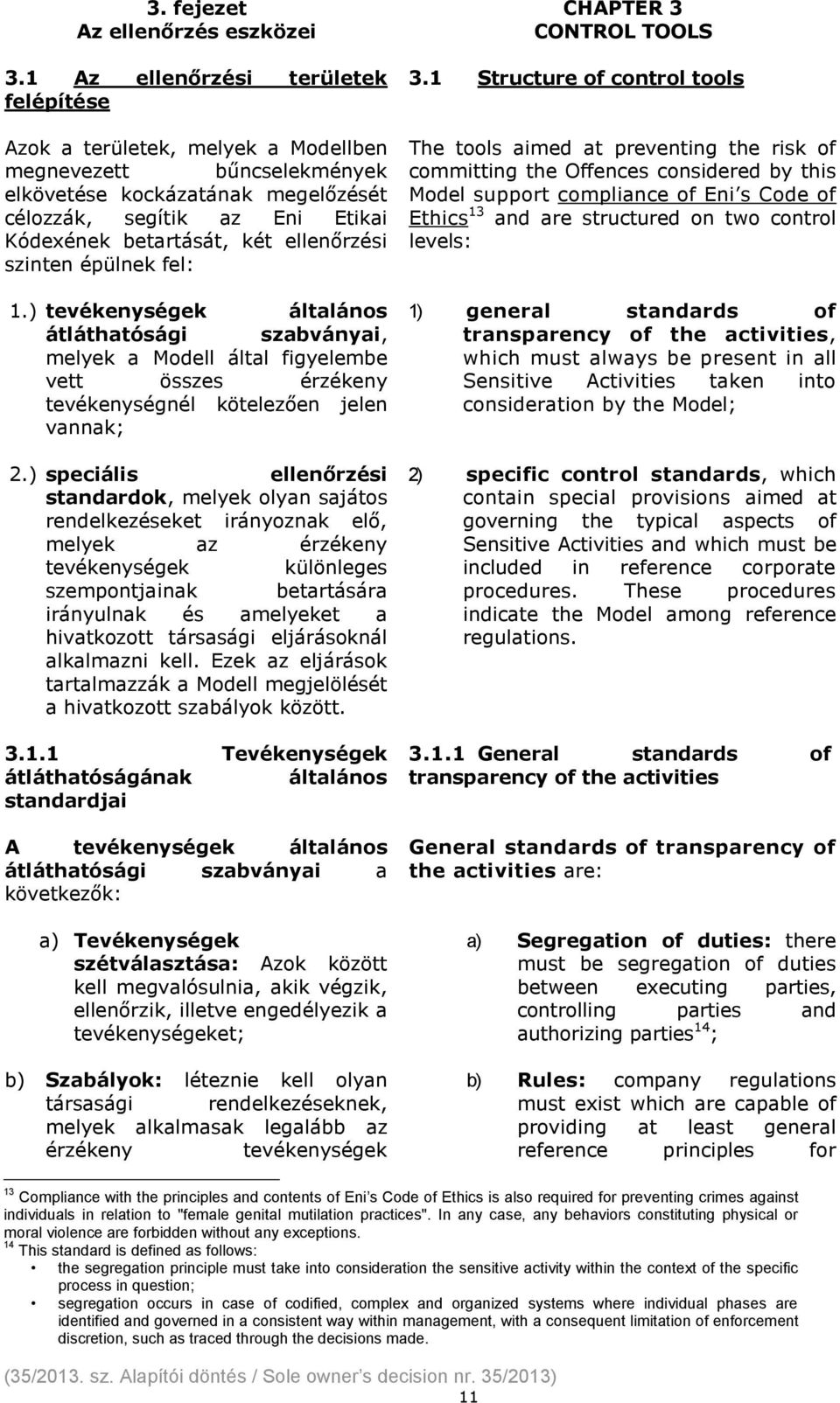 ellenőrzési szinten épülnek fel: 1.) tevékenységek általános átláthatósági szabványai, melyek a Modell által figyelembe vett összes érzékeny tevékenységnél kötelezően jelen vannak; 2.