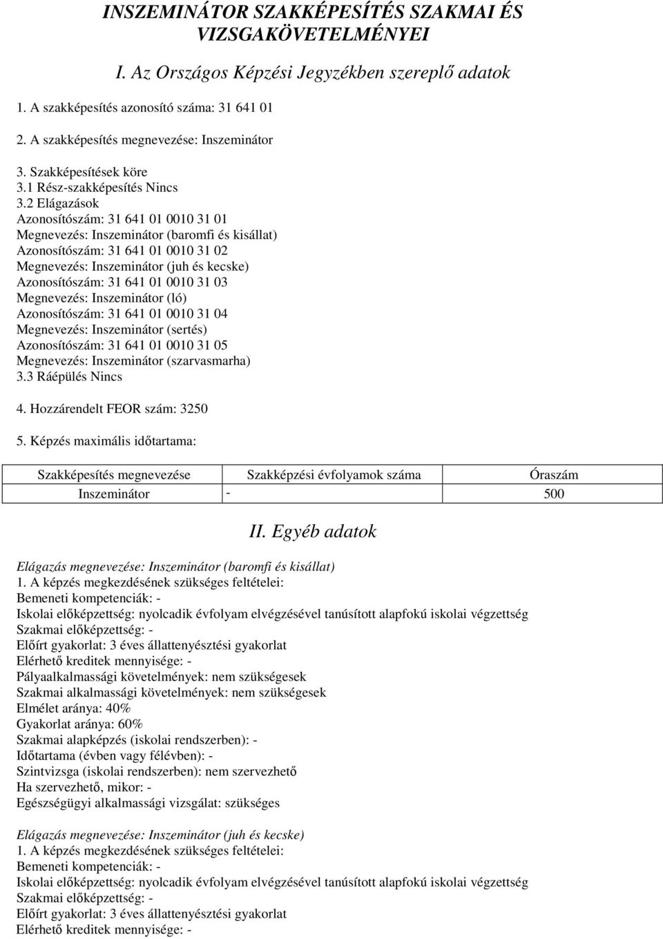 2 Elágazások Azonosítószám: 31 641 01 0010 31 01 Megnevezés: Inszeminátor (baromfi és kisállat) Azonosítószám: 31 641 01 0010 31 02 Megnevezés: Inszeminátor (juh és kecske) Azonosítószám: 31 641 01