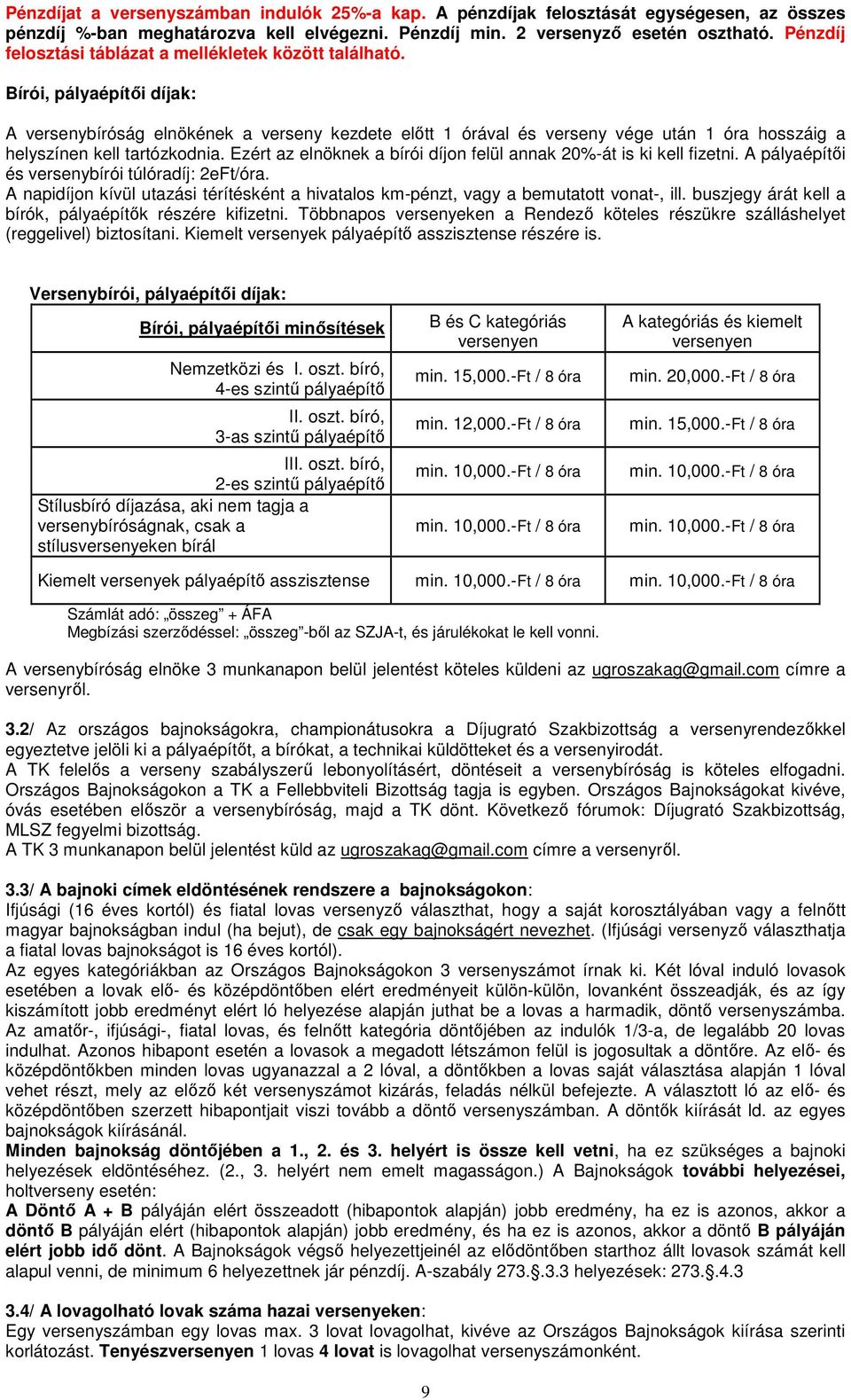 Bírói, pályaépítői díjak: A versenybíróság elnökének a verseny kezdete előtt 1 órával és verseny vége után 1 óra hosszáig a helyszínen kell tartózkodnia.