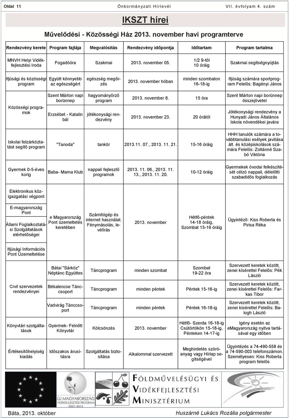 1/2 9-től 10 óráig Szakmai segítségnyújtás Ifjúsági és közösségi program Együtt könnyebb az egészségért egészség megőrzés 2013.