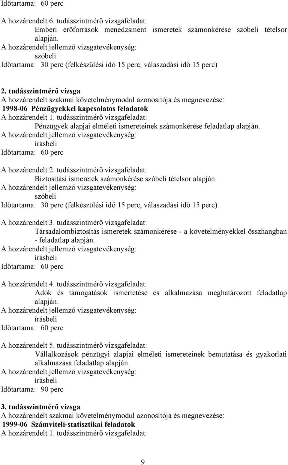 tudásszintmérő vizsga A hozzárendelt szakmai követelménymodul és : 1998-06 Pénzügyekkel kapcsolatos feladatok A hozzárendelt 1.