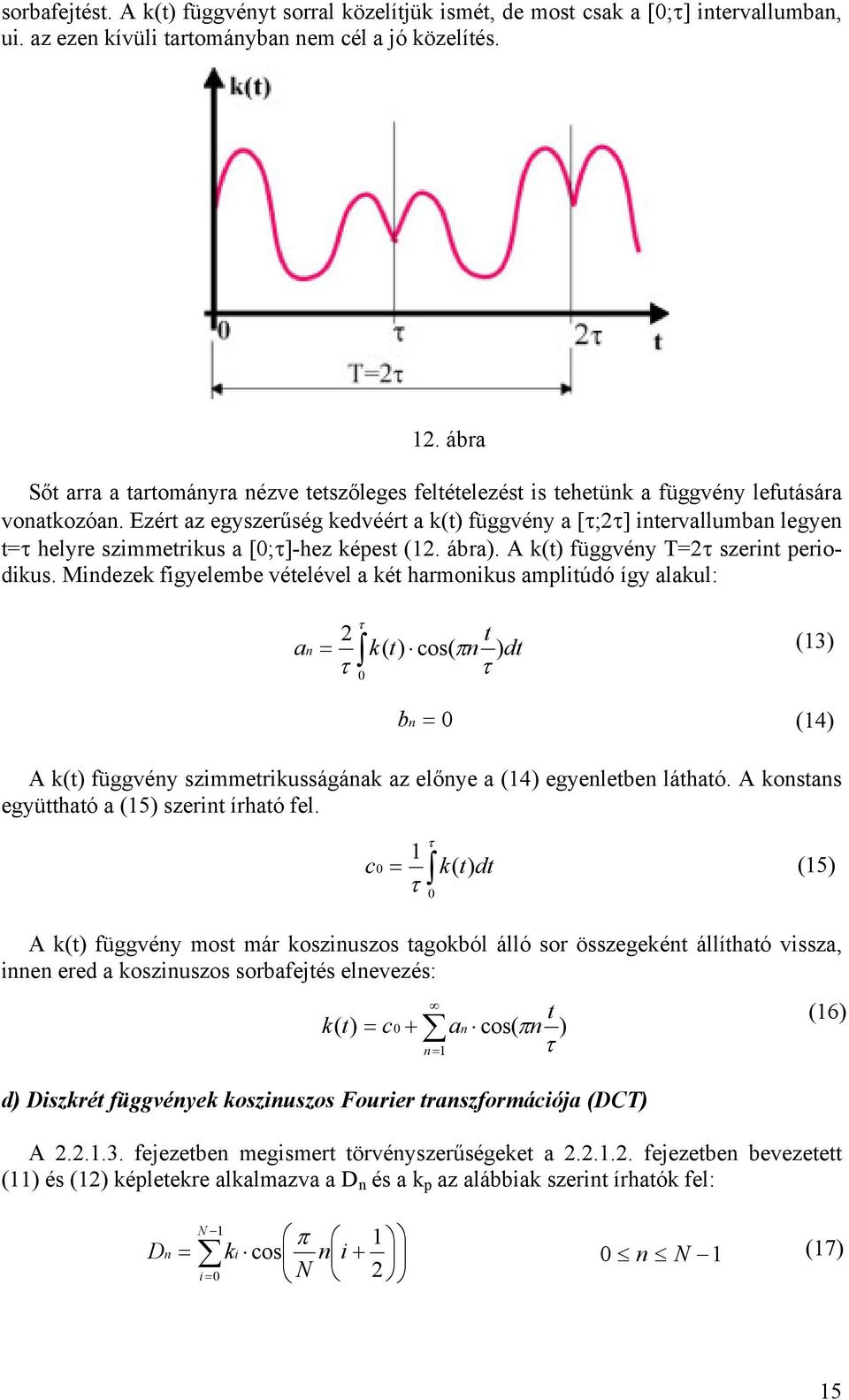 Ezért az egyszerűség kedvéért a k(t) függvéy a [τ;τ] itervallumba legye t=τ helyre szimmetrikus a [0;τ]-hez képest (1. ábra). A k(t) függvéy T=τ szerit periodikus.