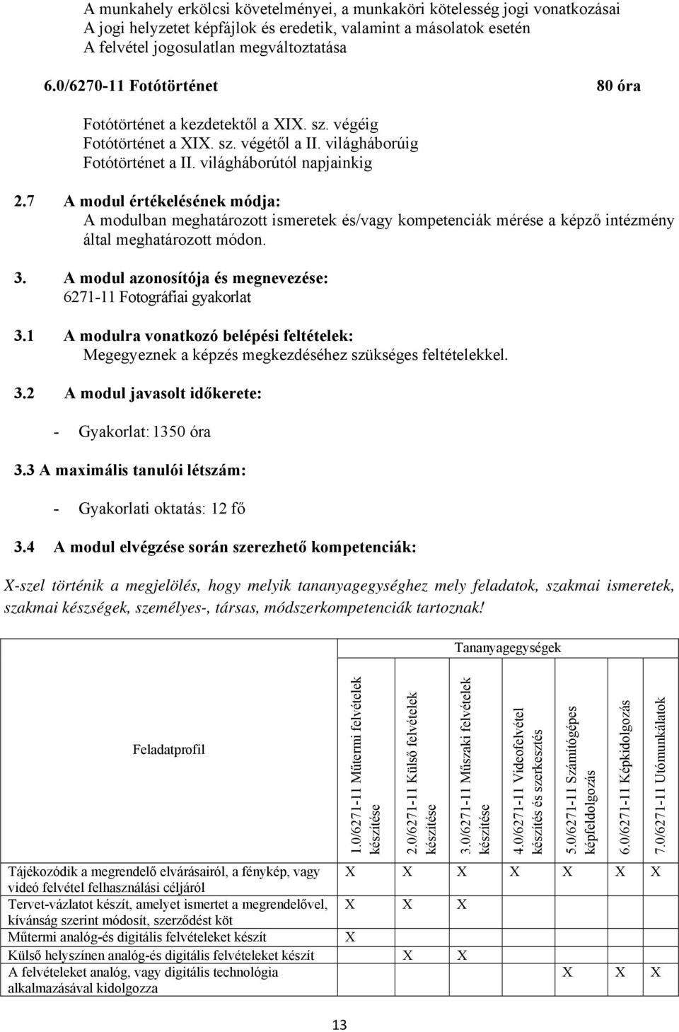 7 A modul értékelésének módja: A modulban meghatározott ismeretek és/vagy kompetenciák mérése a képző intézmény által meghatározott módon. 3.