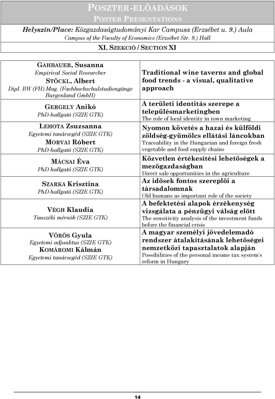 (Fachhochschulstudiengänge Burgenland GmbH) GERGELY Anikó PhD-hallgató (SZIE GTK) LEHOTA Zsuzsanna Egyetemi tanársegéd (SZIE GTK) MORVAI Róbert PhD-hallgató (SZIE GTK) MÁCSAI Éva PhD hallgató (SZIE