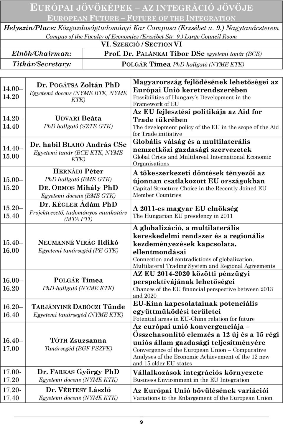 PALÁNKAI Tibor DSc egyetemi tanár (BCE) POLGÁR Tímea PhD-hallgató (NYME KTK) 16.20 16.20 16.40 16.40 17.00 17.00-17.20 17.20-17.40 Dr.