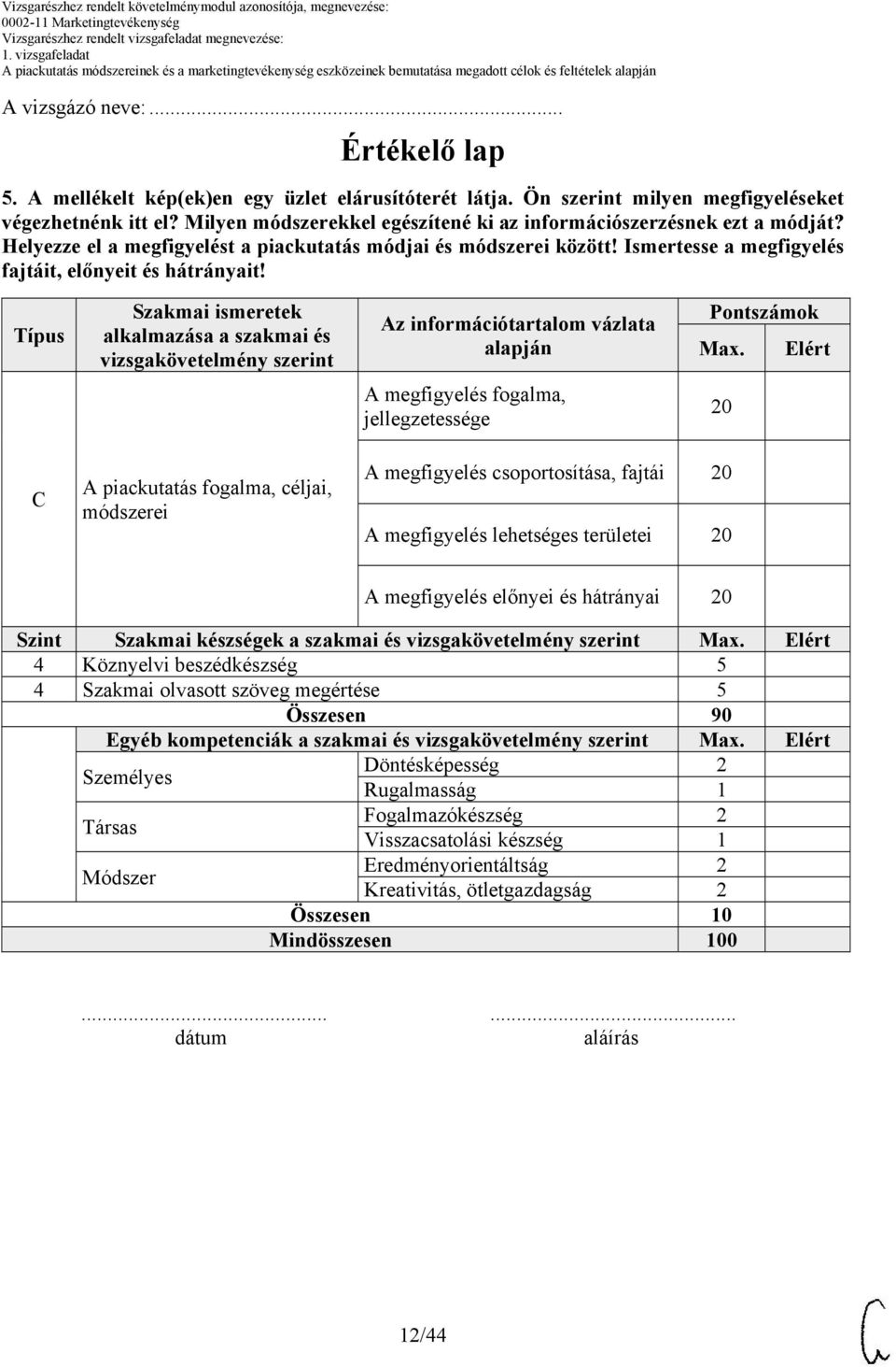 Típus Szakmai ismeretek alkalmazása a szakmai és vizsgakövetelmény szerint Az információtartalom vázlata Pontszámok Max.