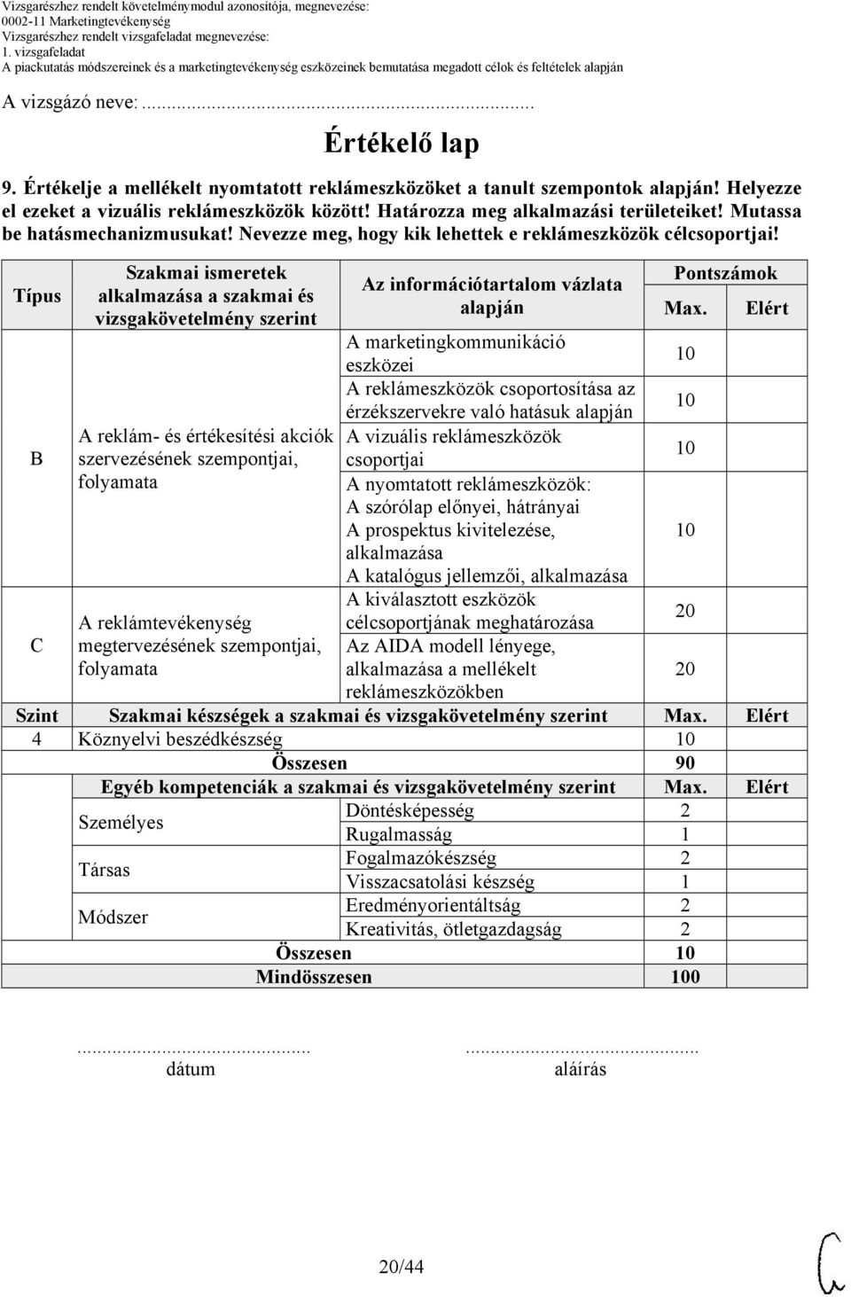 Típus Szakmai ismeretek alkalmazása a szakmai és vizsgakövetelmény szerint Az információtartalom vázlata Pontszámok Max.