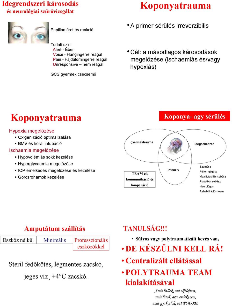 optimalizálása BMV és korai intubáció Ischaemia megelőzése gyermektrauma idegsebészet Hypovolémiás sokk kezelése Hyperglycaemia megelőzése ICP emelkedés megelőzése és kezelése Görcsrohamok kezelése