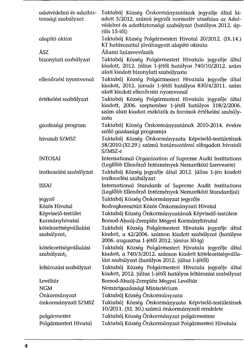 polgármester Polgármesteri Hivatal Taktabáj Község Önkormányzatának jegyzője által kiadott 5/2012. számú jegyzői normatív utasítása az Adatvédelmi és adatbiztonsági szabályzat (hatályos 2012.