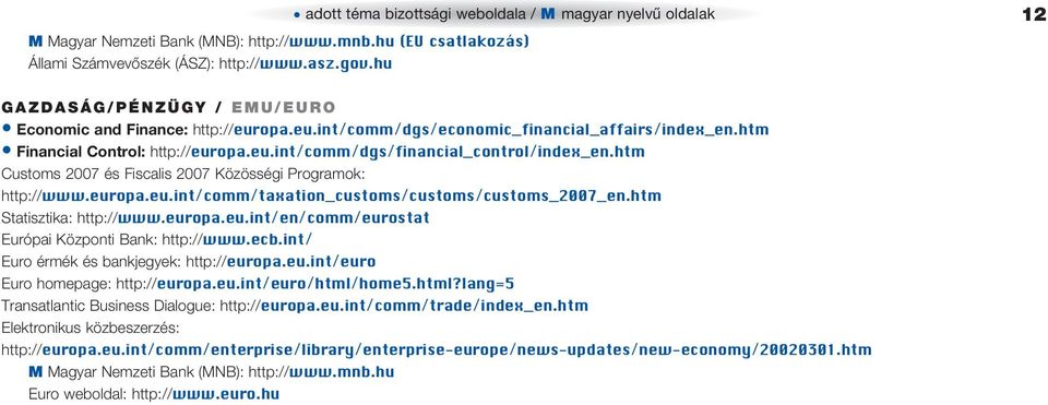 htm Customs 2007 és Fiscalis 2007 Közösségi Programok: http://www.europa.eu.int/comm/taxation_customs/customs/customs_2007_en.htm Statisztika: http://www.europa.eu.int/en/comm/eurostat Európai Központi Bank: http://www.