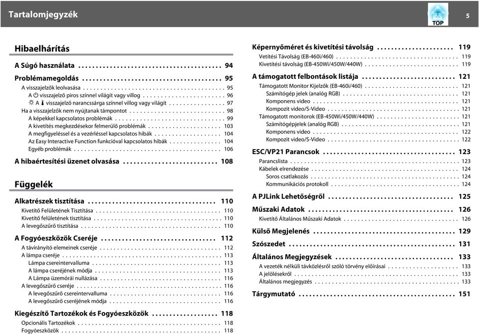 .. 103 A megfigyeléssel és a vezérléssel kapcsolatos hibák... 104 Az Easy Interactive Function funkcióval kapcsolatos hibák... 104 Egyéb problémák... 106 A hibaértesítési üzenet olvasása.