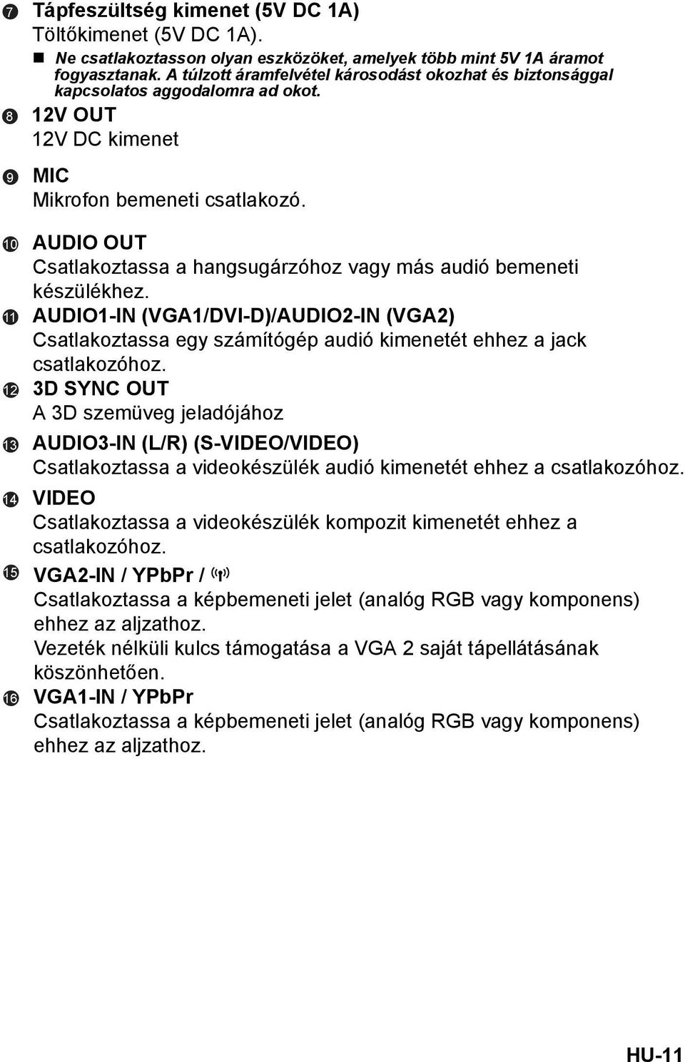 10 11 12 13 14 15 16 AUDIO OUT Csatlakoztassa a hangsugárzóhoz vagy más audió bemeneti készülékhez.