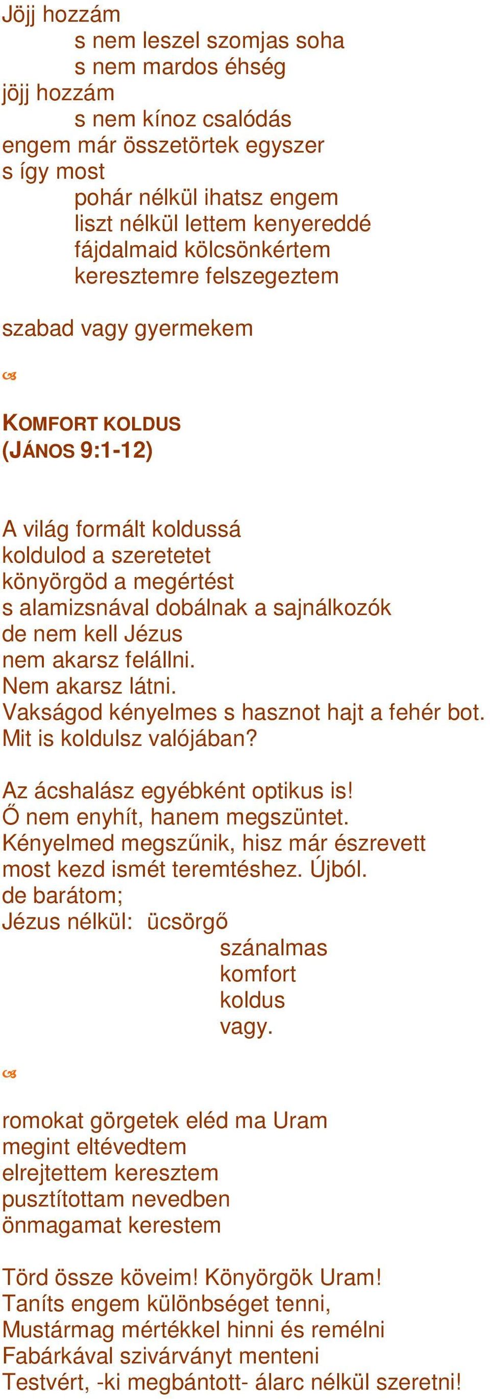 de nem kell Jézus nem akarsz felállni. Nem akarsz látni. Vakságod kényelmes s hasznot hajt a fehér bot. Mit is koldulsz valójában? Az ácshalász egyébként optikus is! İ nem enyhít, hanem megszüntet.