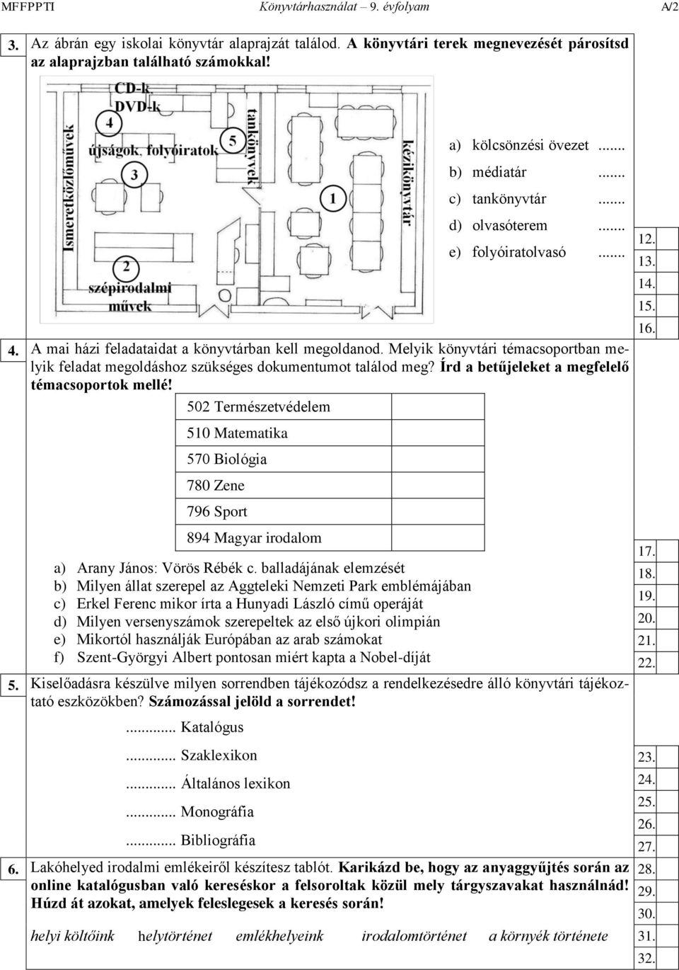 Melyik könyvtári témacsoportban melyik feladat megoldáshoz szükséges dokumentumot találod meg? Írd a betűjeleket a megfelelő témacsoportok mellé!