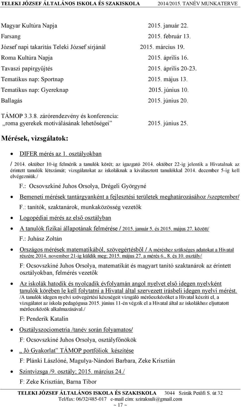 zárórendezvény és konferencia: roma gyerekek motíválásának lehetőségei 2015. június 25. Mérések, vizsgálatok: DIFER mérés az 1. osztályokban / 2014.