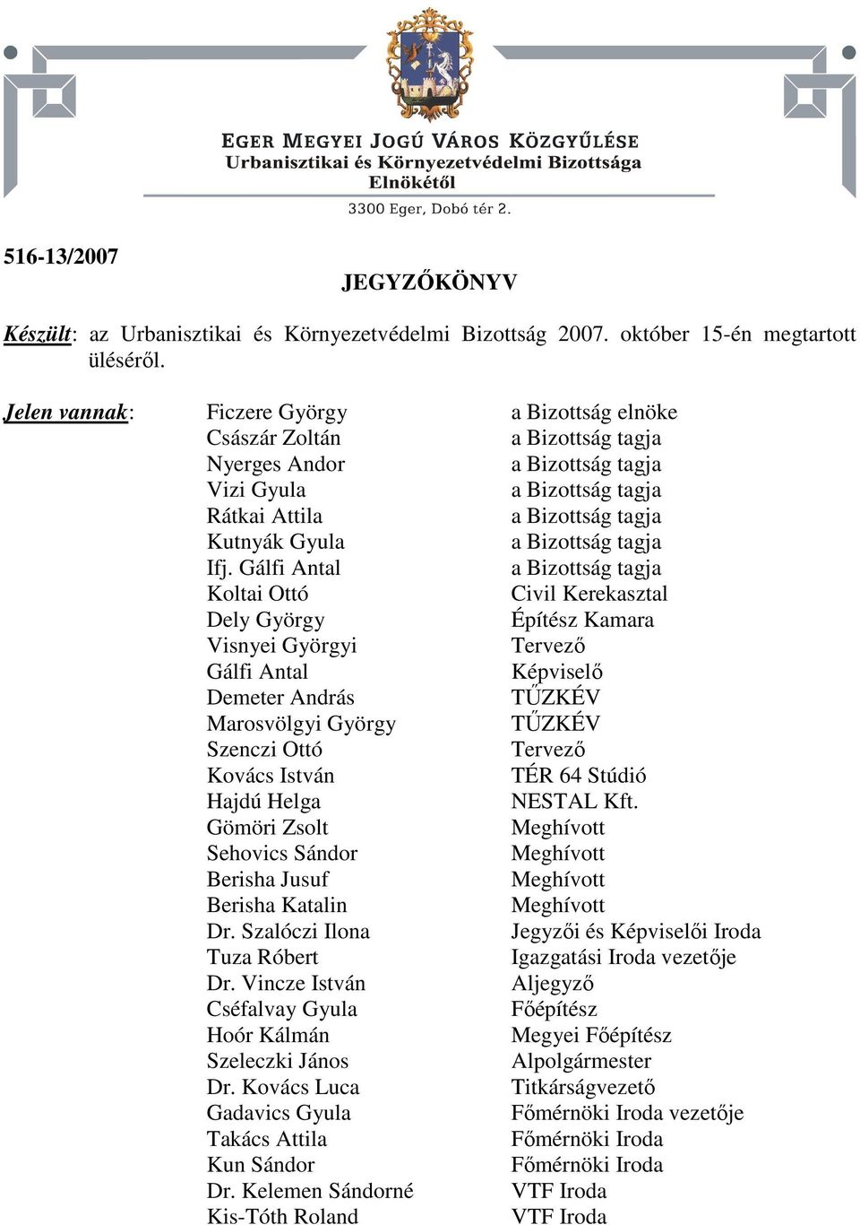 Gálfi Antal a Bizottság tagja Koltai Ottó Civil Kerekasztal Dely György Építész Kamara Visnyei Györgyi Tervező Gálfi Antal Képviselő Demeter András TŰZKÉV Marosvölgyi György TŰZKÉV Tervező Kovács