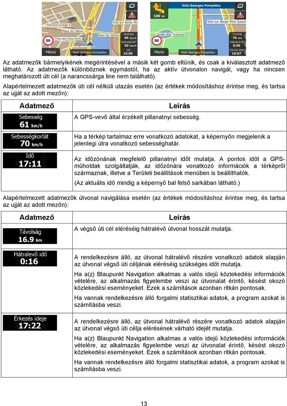 Alapértelmezett adatmezők úti cél nélküli utazás esetén (az értékek módosításhoz érintse meg, és tartsa az ujját az adott mezőn): Adatmező Leírás A GPS-vevő által érzékelt pillanatnyi sebesség.