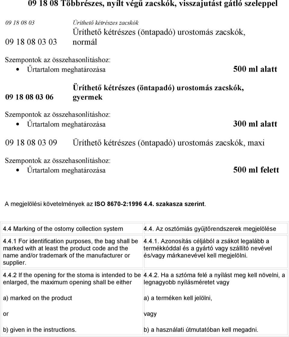 03 06 Üríthető kétrészes (öntapadó) urostomás zacskók, gyermek Űrtartalom meghatározása 300 ml