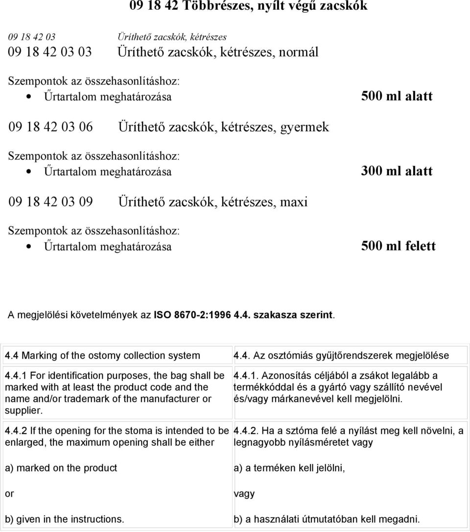 06 Üríthető zacskók, kétrészes, gyermek Űrtartalom meghatározása 300 ml