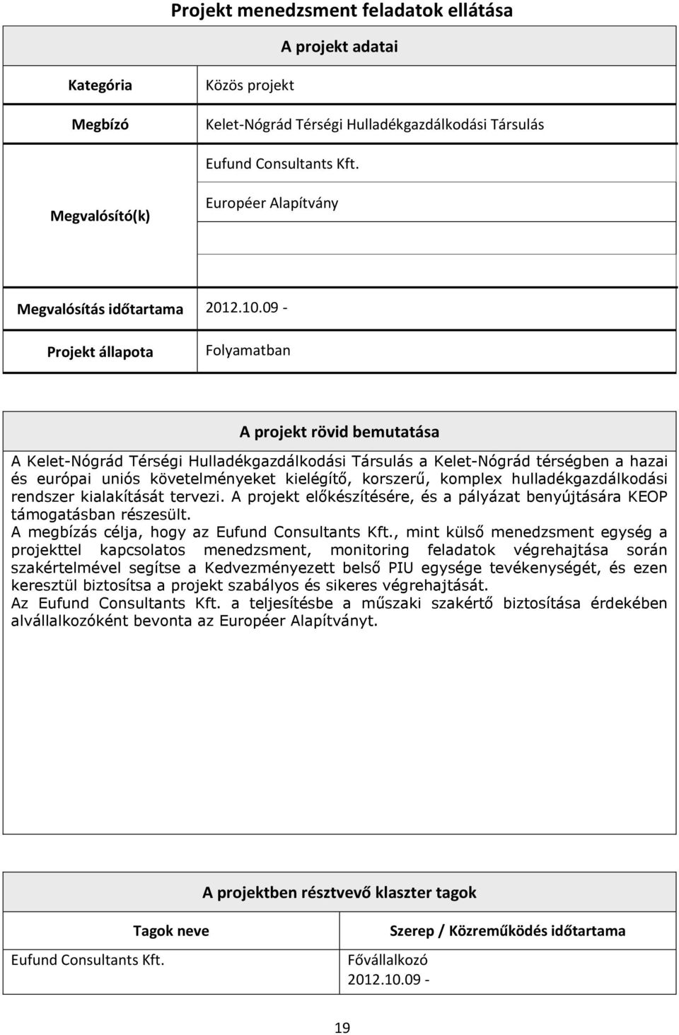 09 - Projekt állapota Folyamatban A projekt rövid bemutatása A Kelet-Nógrád Térségi Hulladékgazdálkodási Társulás a Kelet-Nógrád térségben a hazai és európai uniós követelményeket kielégítő,