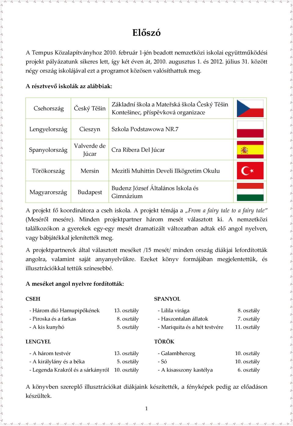 A résztvevő iskolák az alábbiak: Csehország Český Těšin Základní škola a Mateřská škola Český Těšin Kontešinec, příspěvková organizace Lengyelország Cieszyn Szkola Podstawowa NR.